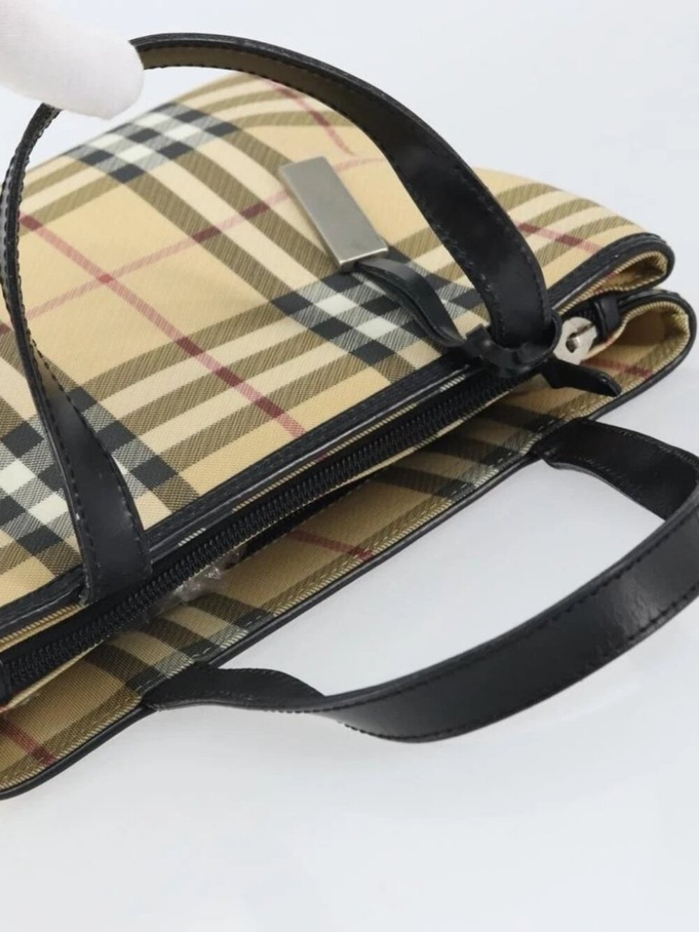 BURBERRY Nova Check Hand Bag PVC Beige Black Silver - Picture 9 of 15